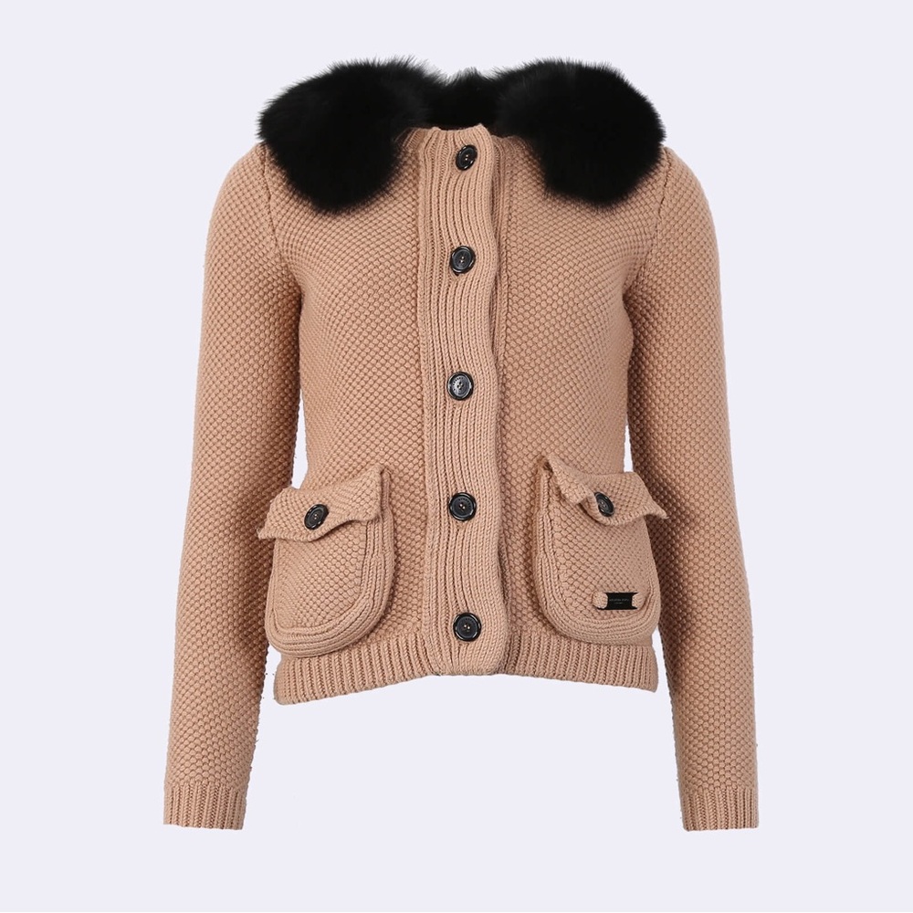 BURBERRY Fox Fur Collar Knit Wool button cardigan